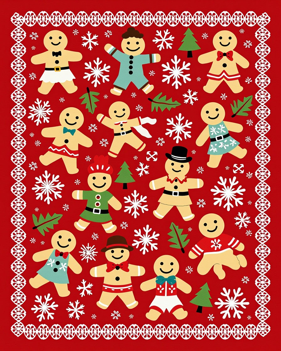 Festive Gingerbread People Snowflake Border Rug