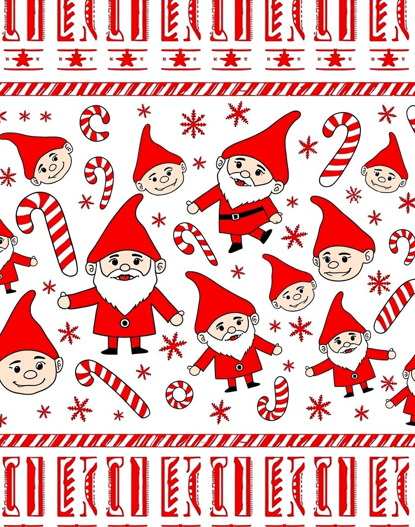 Red Gnomes Candy Cane Snowflake Border Rug