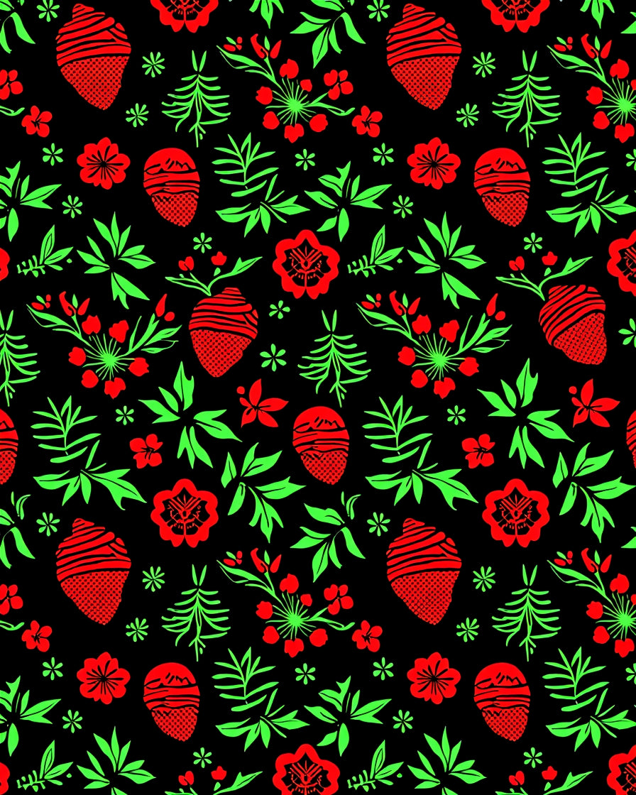 Vibrant Red Green Floral Acorn Rug