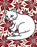 Crimson Floral White Cat Illustration Rug