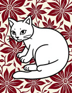 Crimson Floral White Cat Illustration Rug