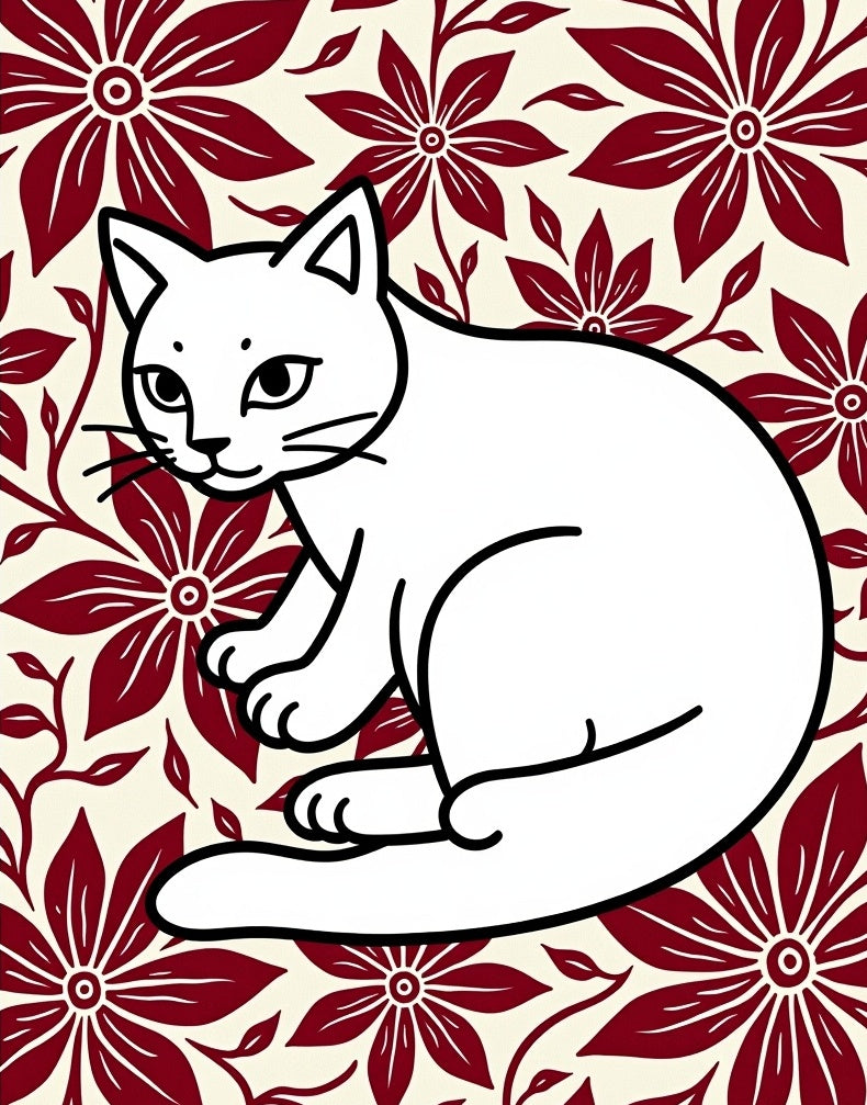Crimson Floral White Cat Illustration Rug