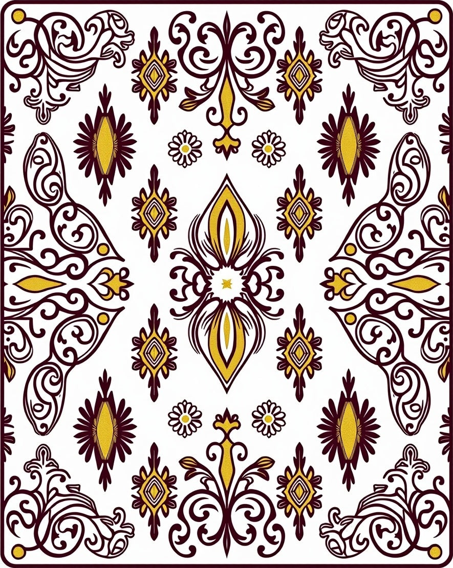 Gold and Maroon Floral Scroll Work Rug