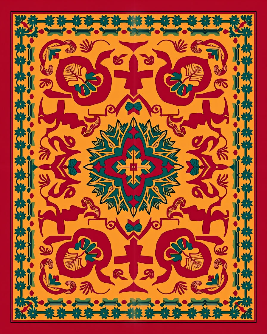 Rich Crimson Teal Medallion Symmetrical Rug