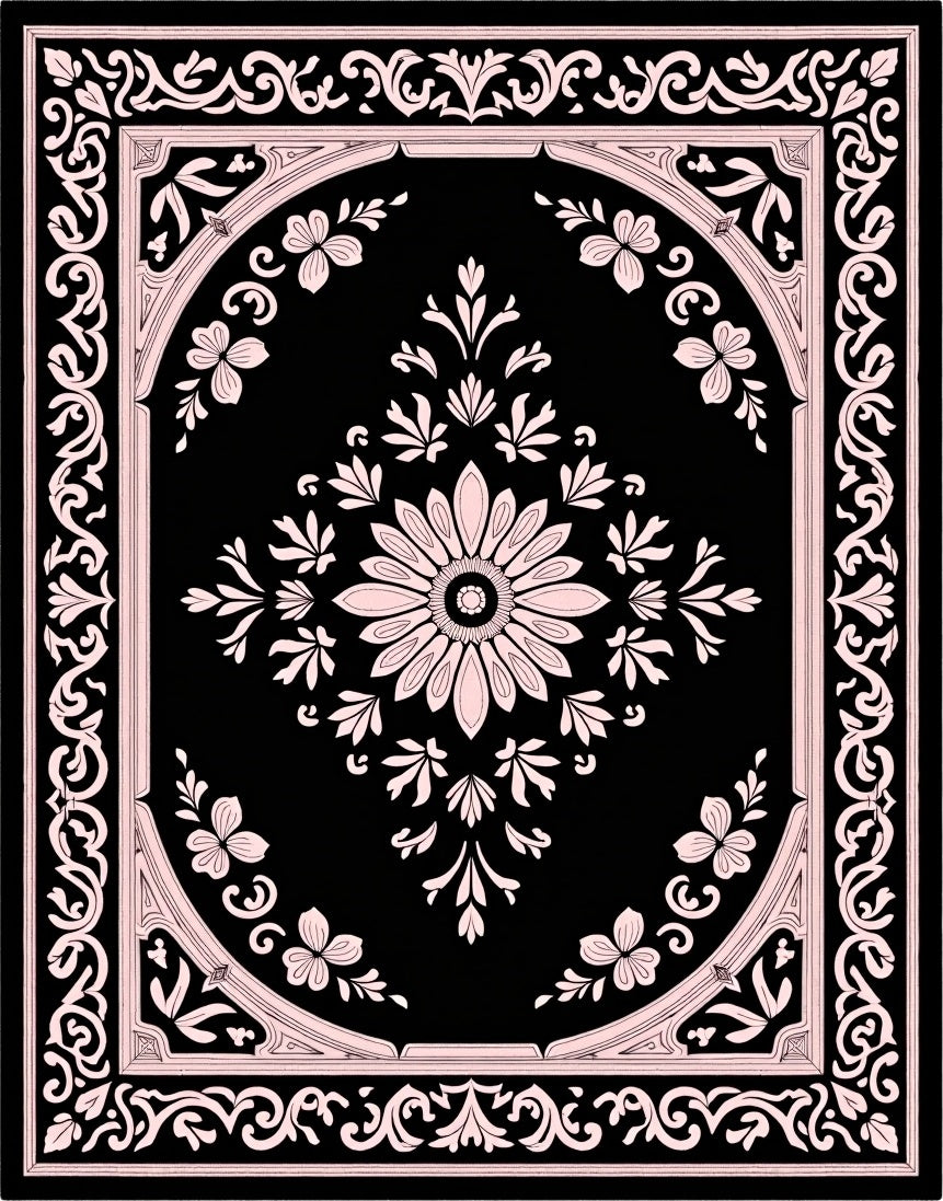 Black Pink Floral Scroll Border Rug