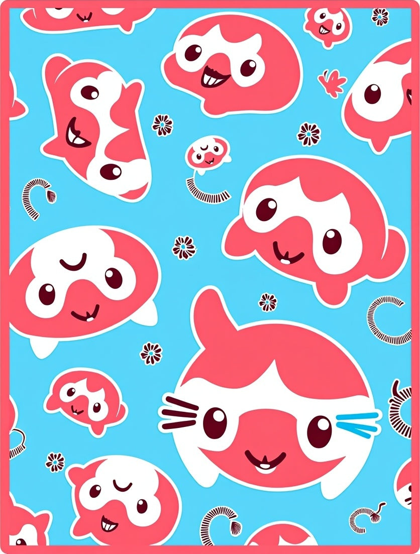 Coral Cartoon Characters Blue Background Rug