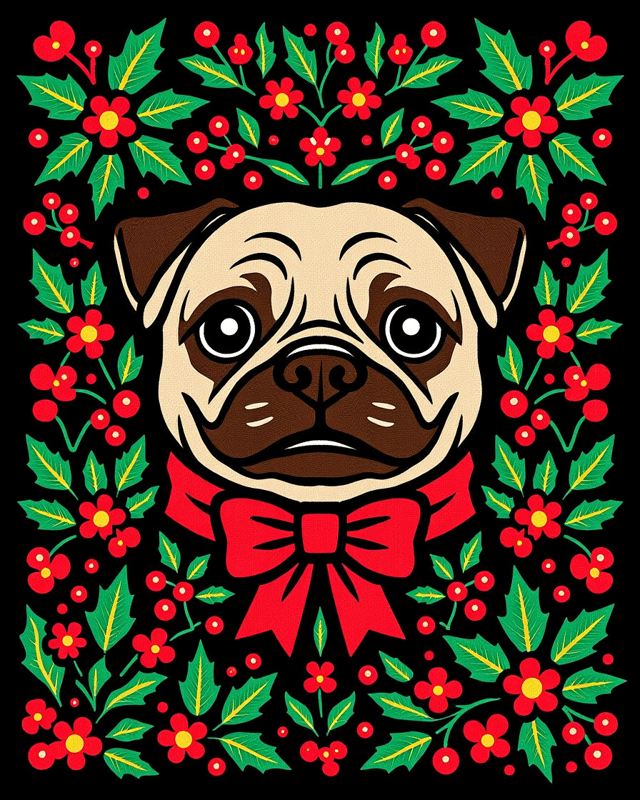 Pug With Red Holly Berry Bow Rug