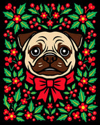 Pug With Red Holly Berry Bow Rug