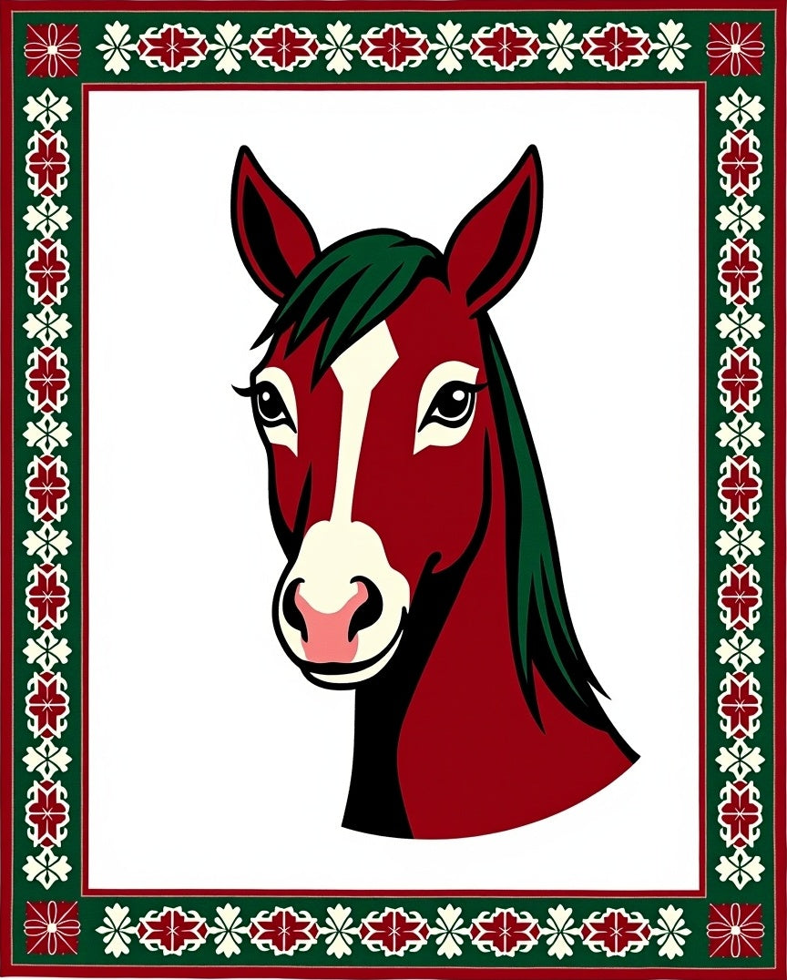 Crimson Horse Face Festive Border Rug