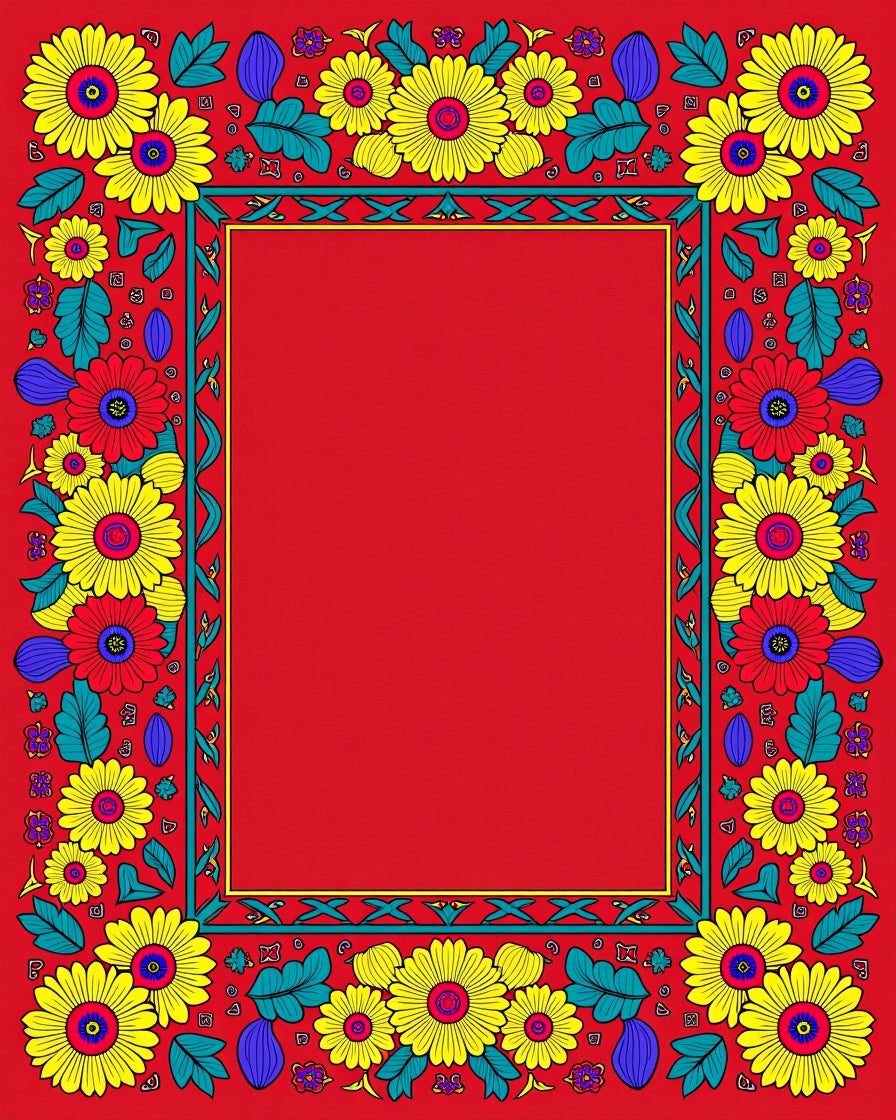 Vibrant Red Floral Border Sunburst Rug