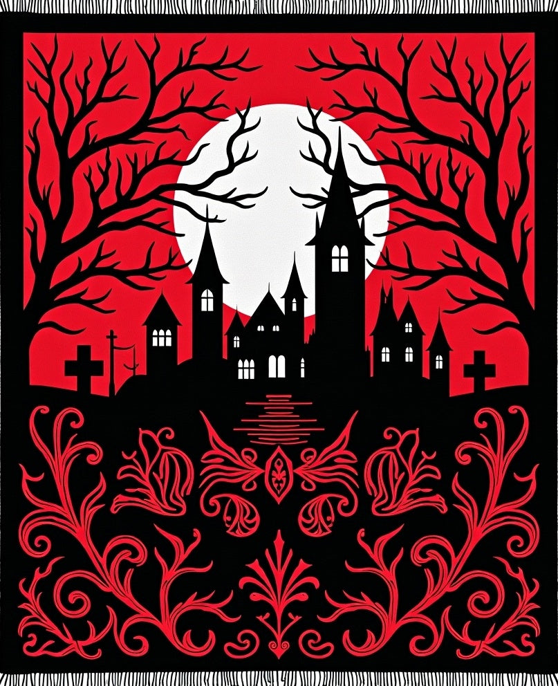 Spooky Red Gothic Castle Moonscape Rug