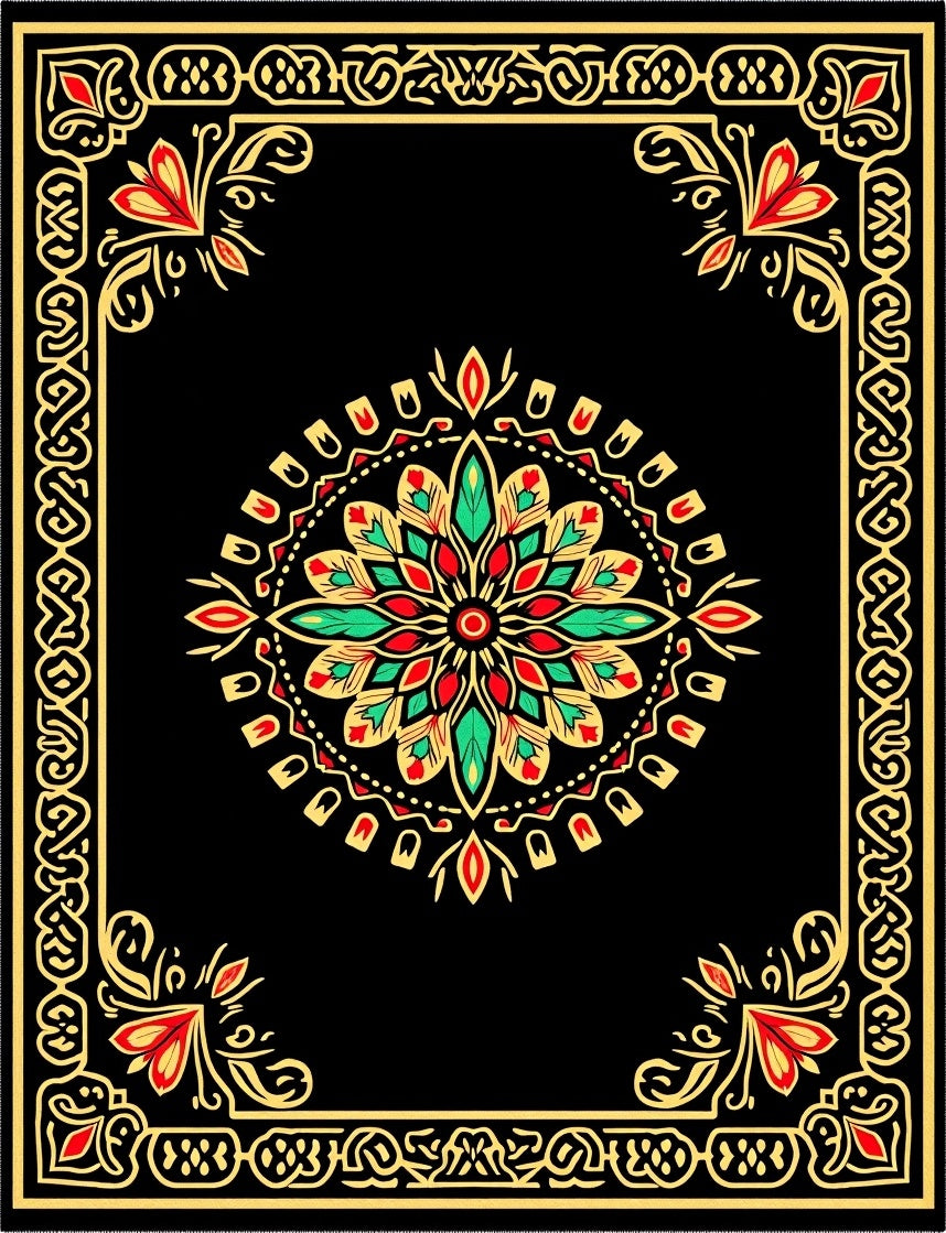 Vibrant Red Green Golden Mandala Border Rug