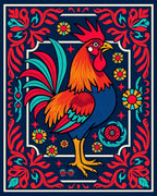 Bold Rooster Red Blue Floral Border Rug
