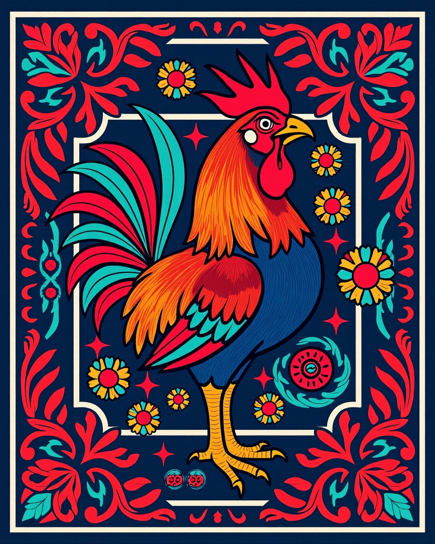 Bold Rooster Red Blue Floral Border Rug