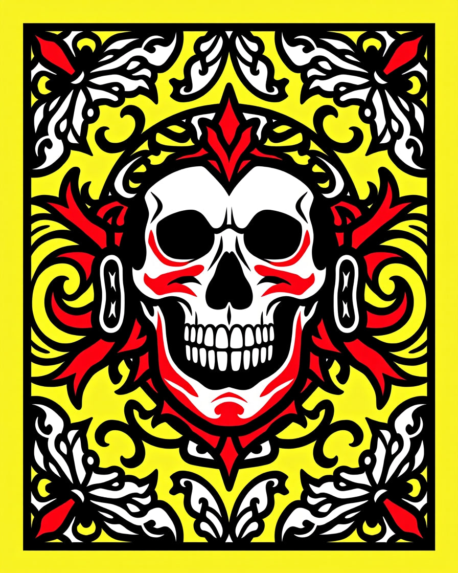 Bold Crimson Skull Floral Frame Rug