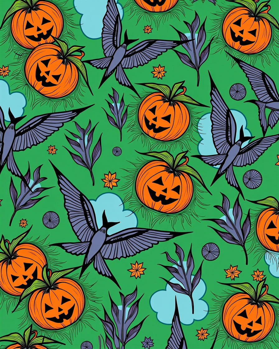 Whimsical Halloween Pumpkins Flying Birds Rug