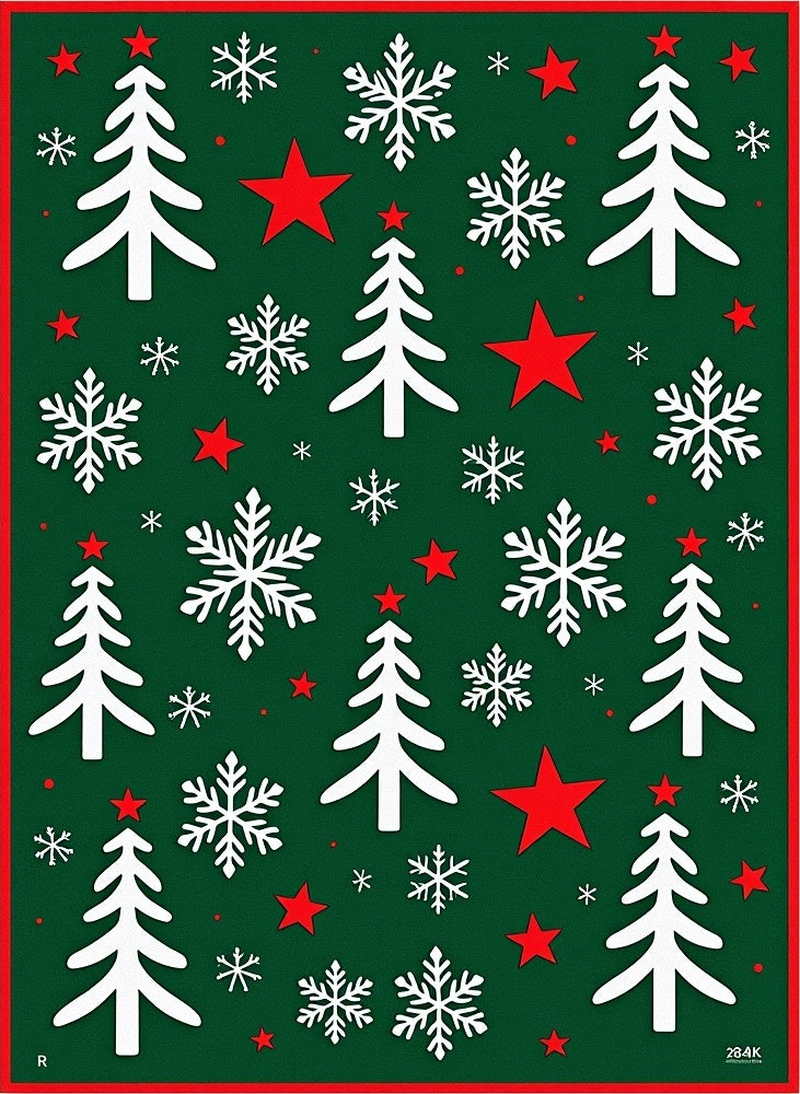 Festive Green Christmas Tree Snowflakes Stars Rug