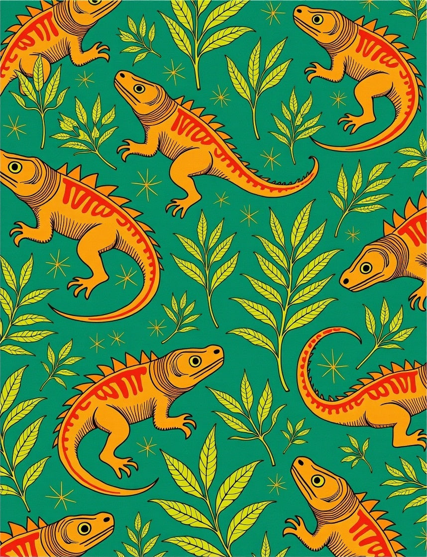 Orange Lizard Green Foliage Mid-Century Rug