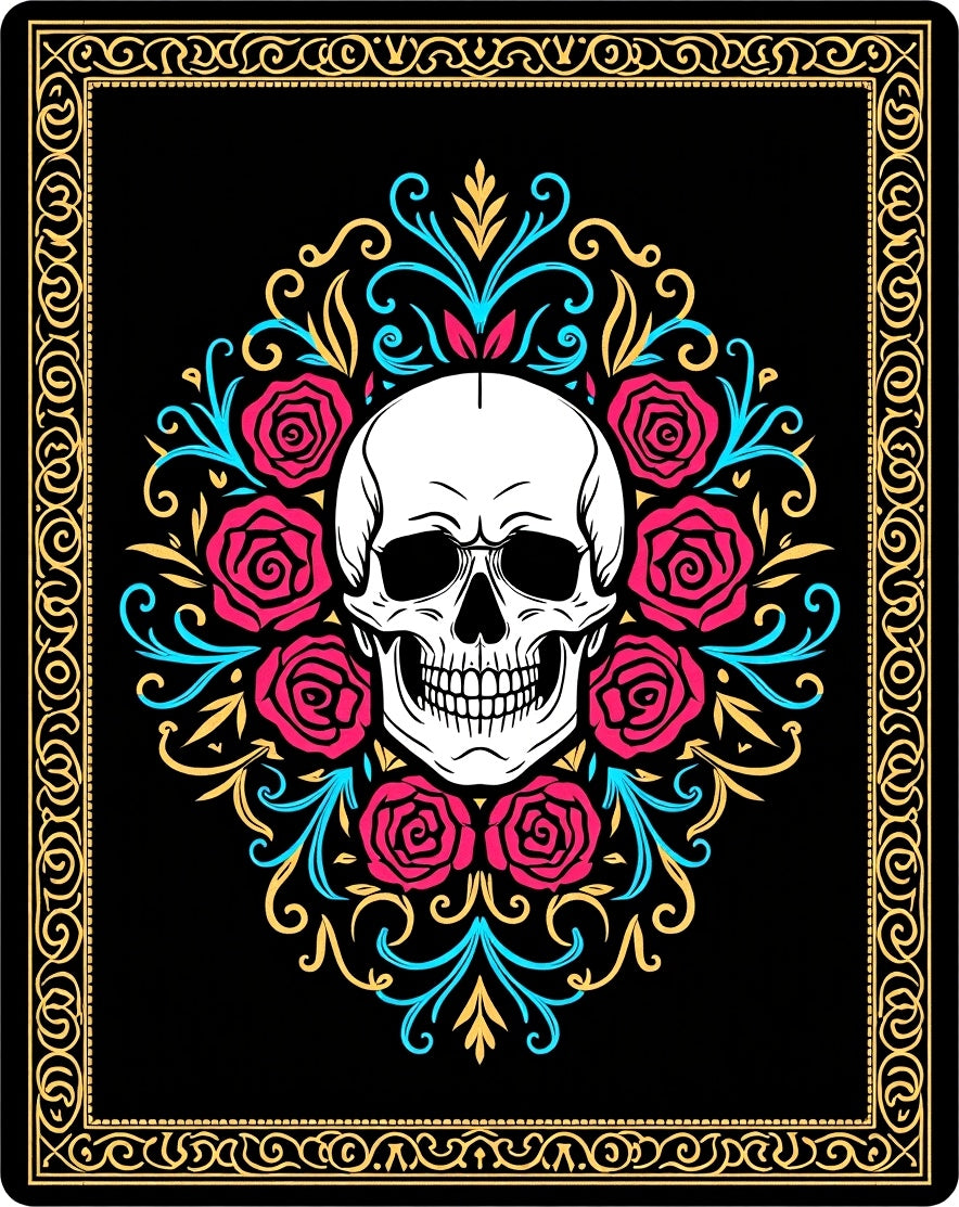 Skull Rose Black Gold Ornament Rug