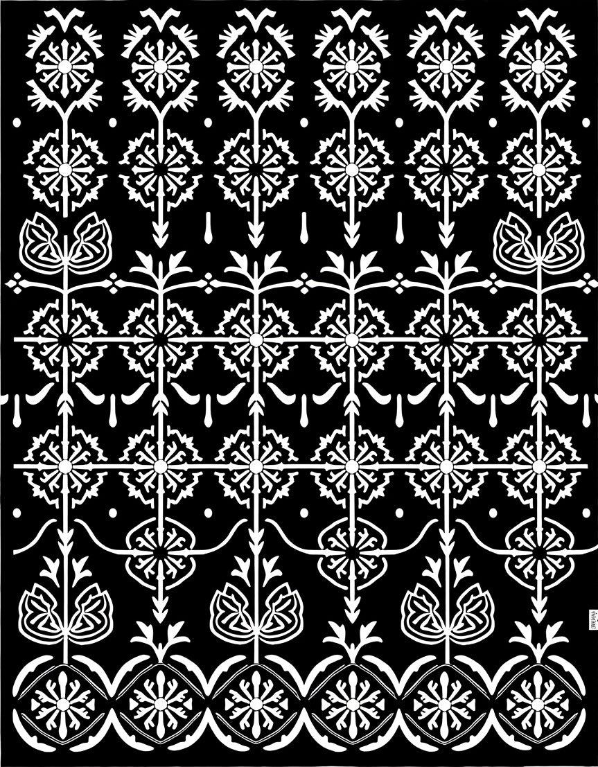 Black White Floral Geometric Art Nouveau Rug