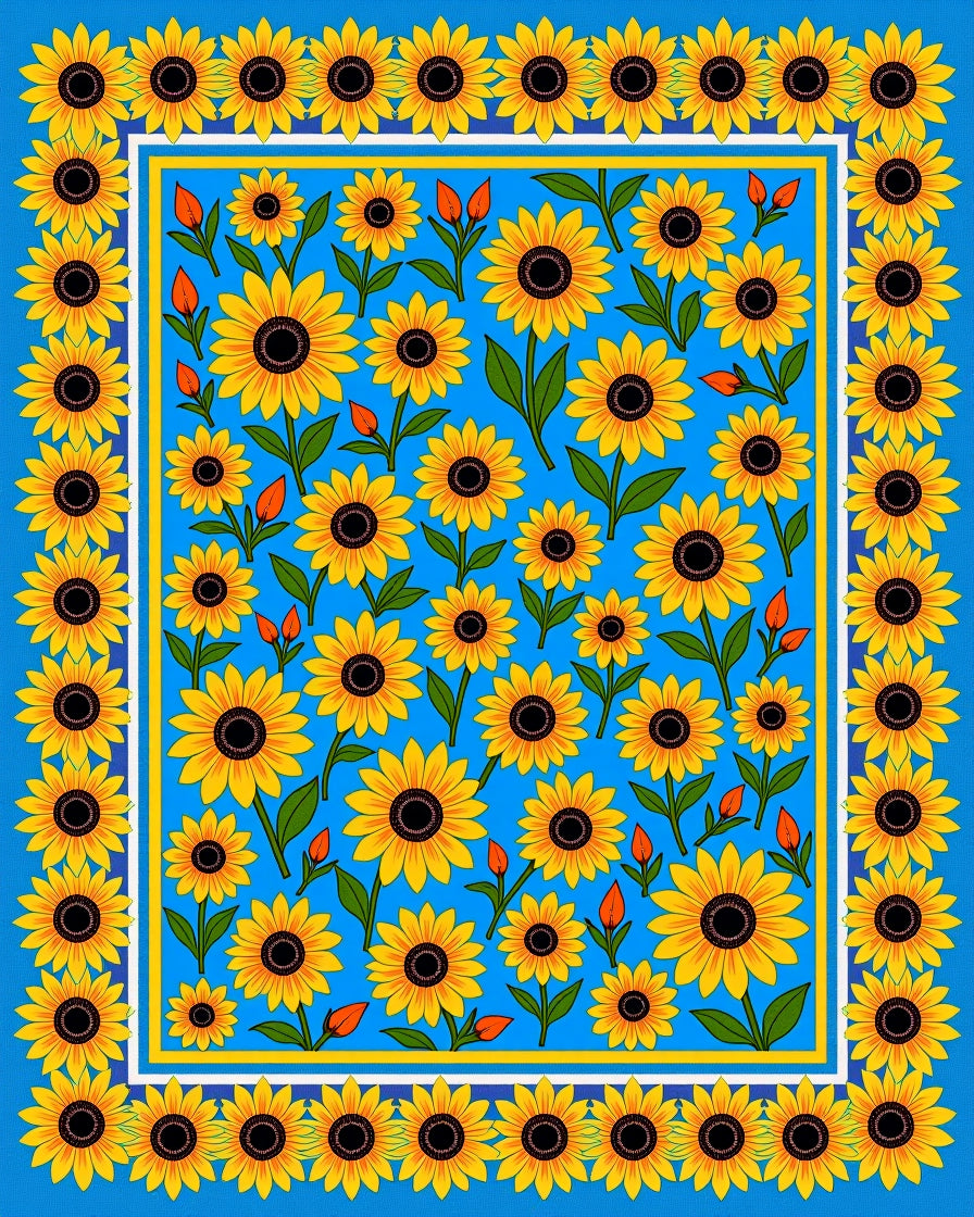 Vibrant Yellow Sunflowers Blue Field Rug