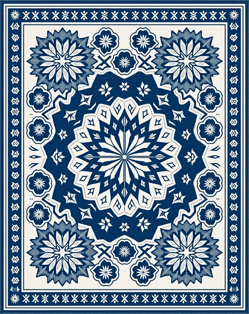 Classic Blue Floral Medallion Arrangement Rug