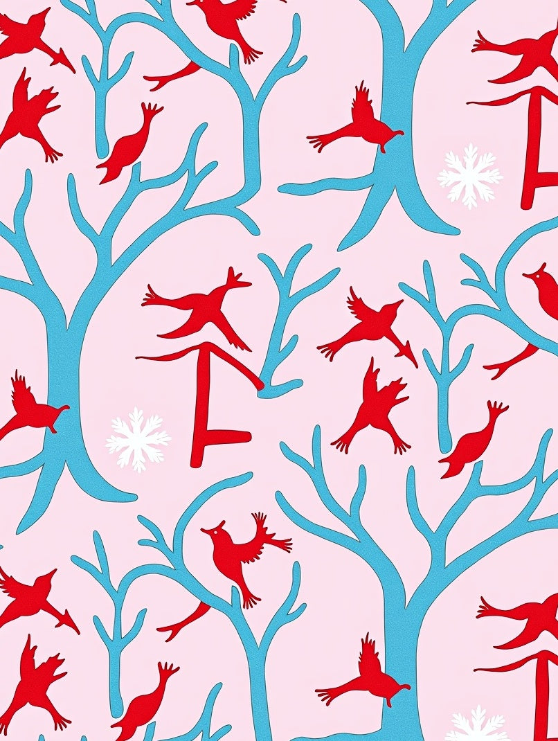 Red Birds Blue Trees Pink Background Rug
