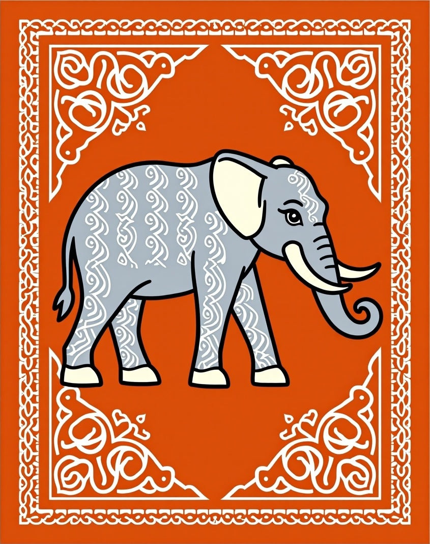 Orange Gray Elephant Scrollwork Border Rug