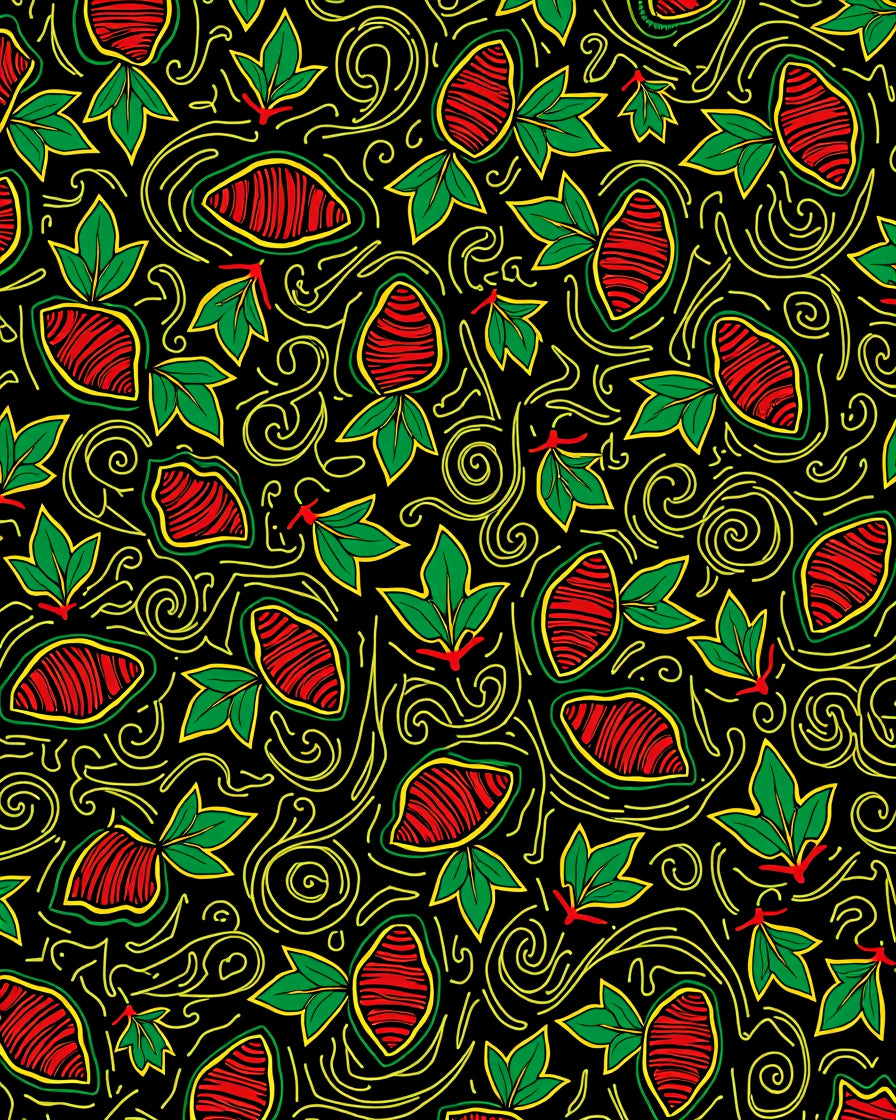 Bold Red Green Leaf Swirl Rug