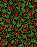Bold Red Green Leaf Swirl Rug