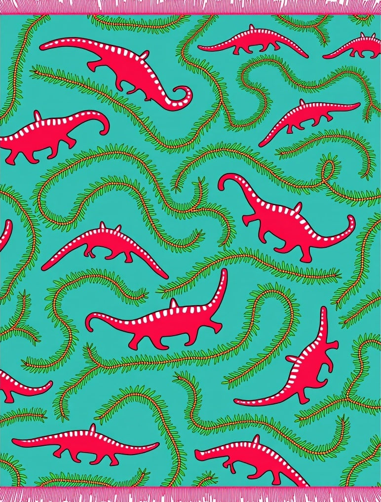 Red Dinosaurs With Green Vines Rug