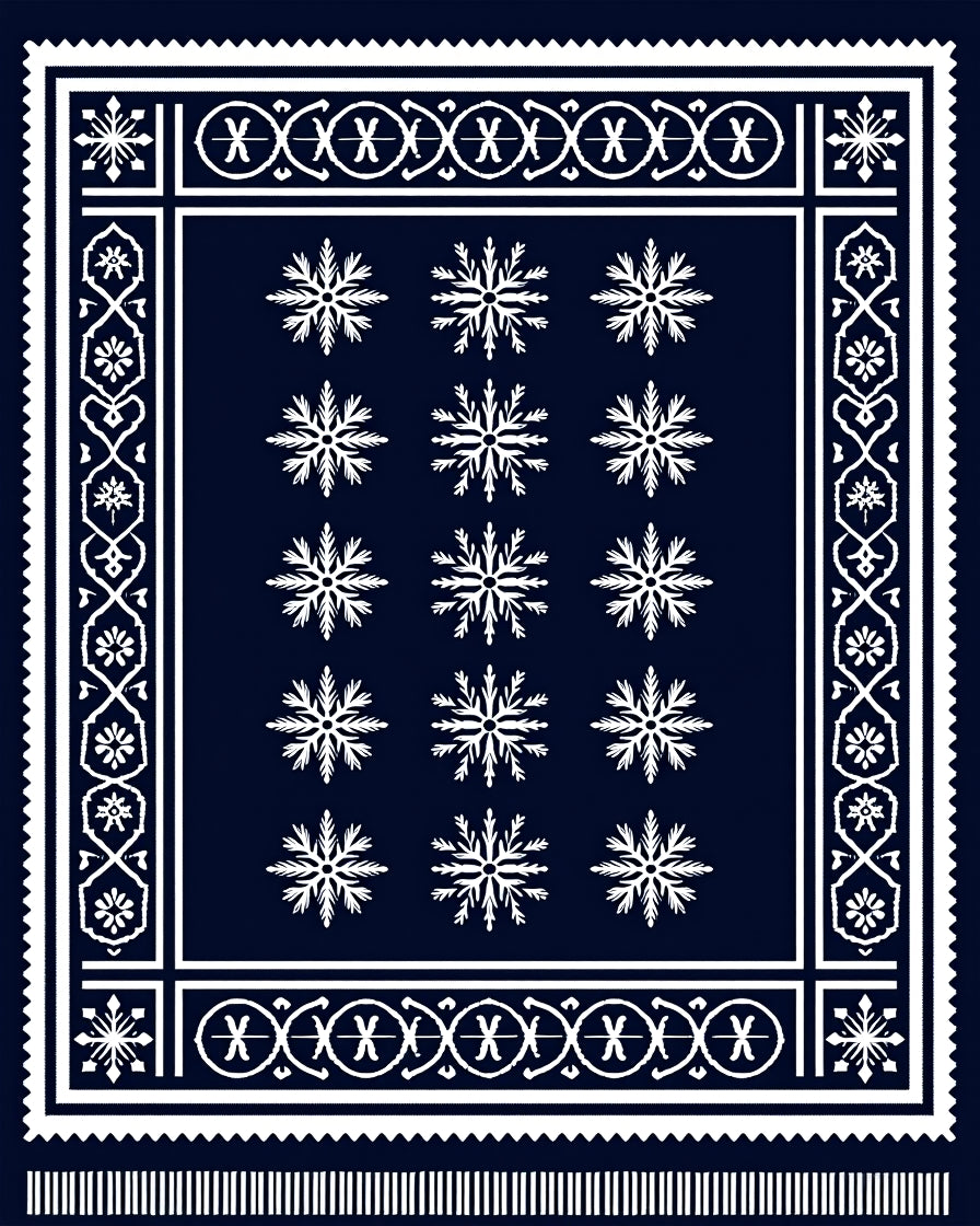 Navy White Snowflake Border Arrangement Rug