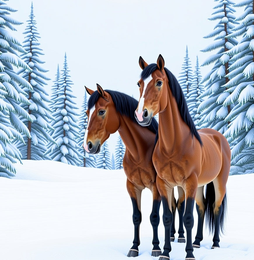 Two Brown Horses Winter Forest Scene Rug