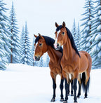 Two Brown Horses Winter Forest Scene Rug