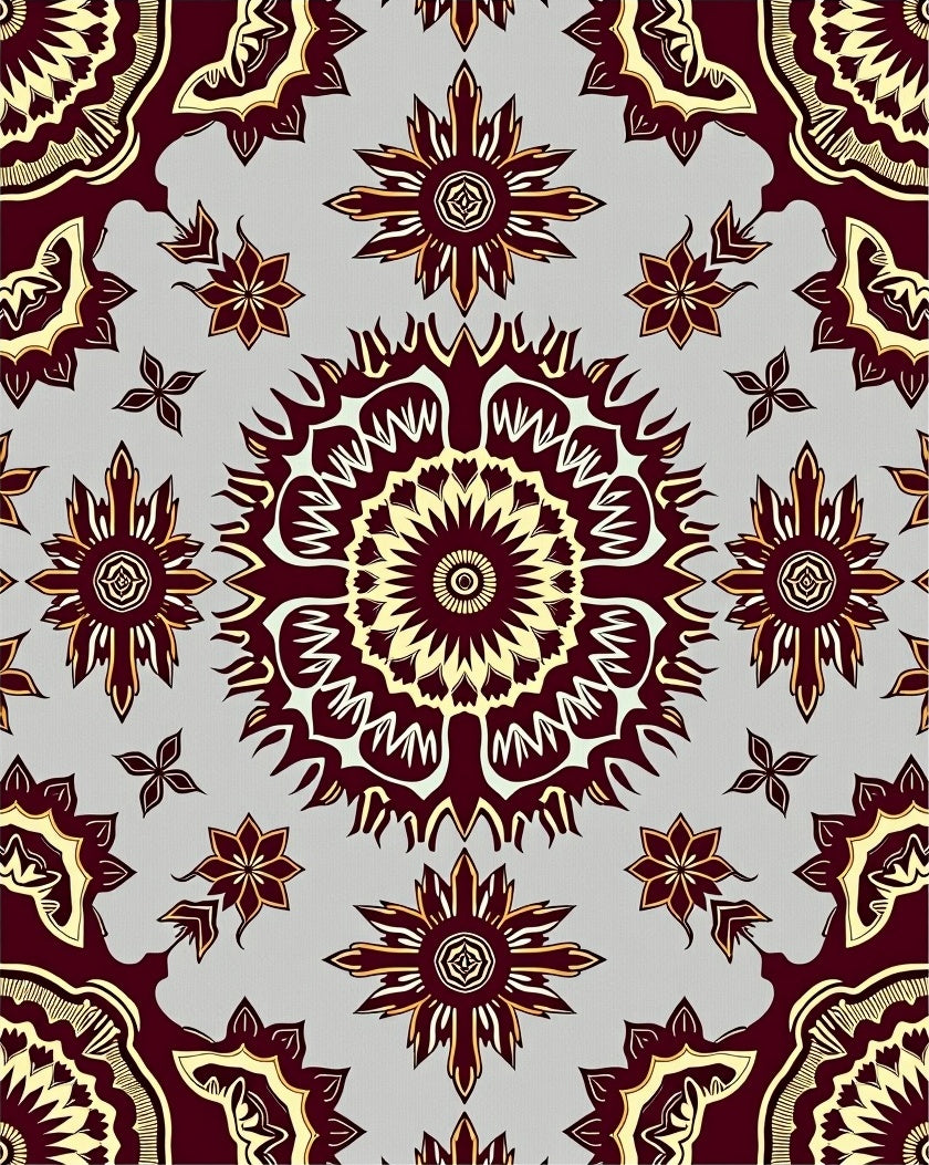 Crimson Golden Sunburst Mandala Repeating Rug