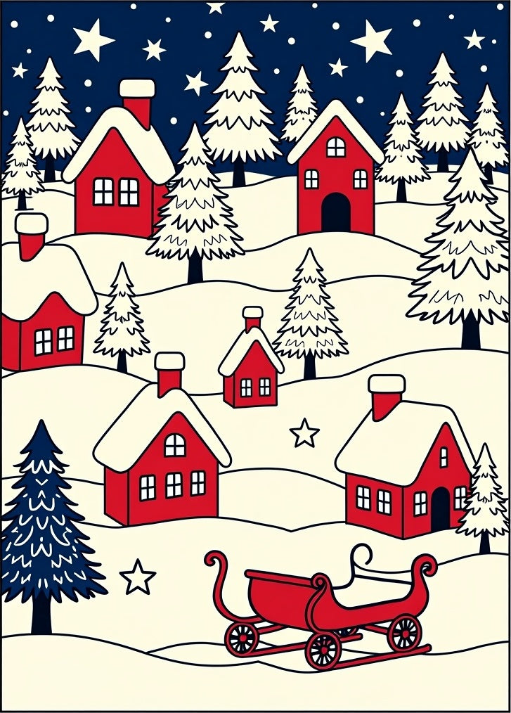 Red Village Snow Scene Sleigh Stars Rug