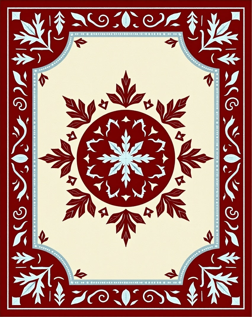Crimson Leaf Medallion Ivory Border Rug