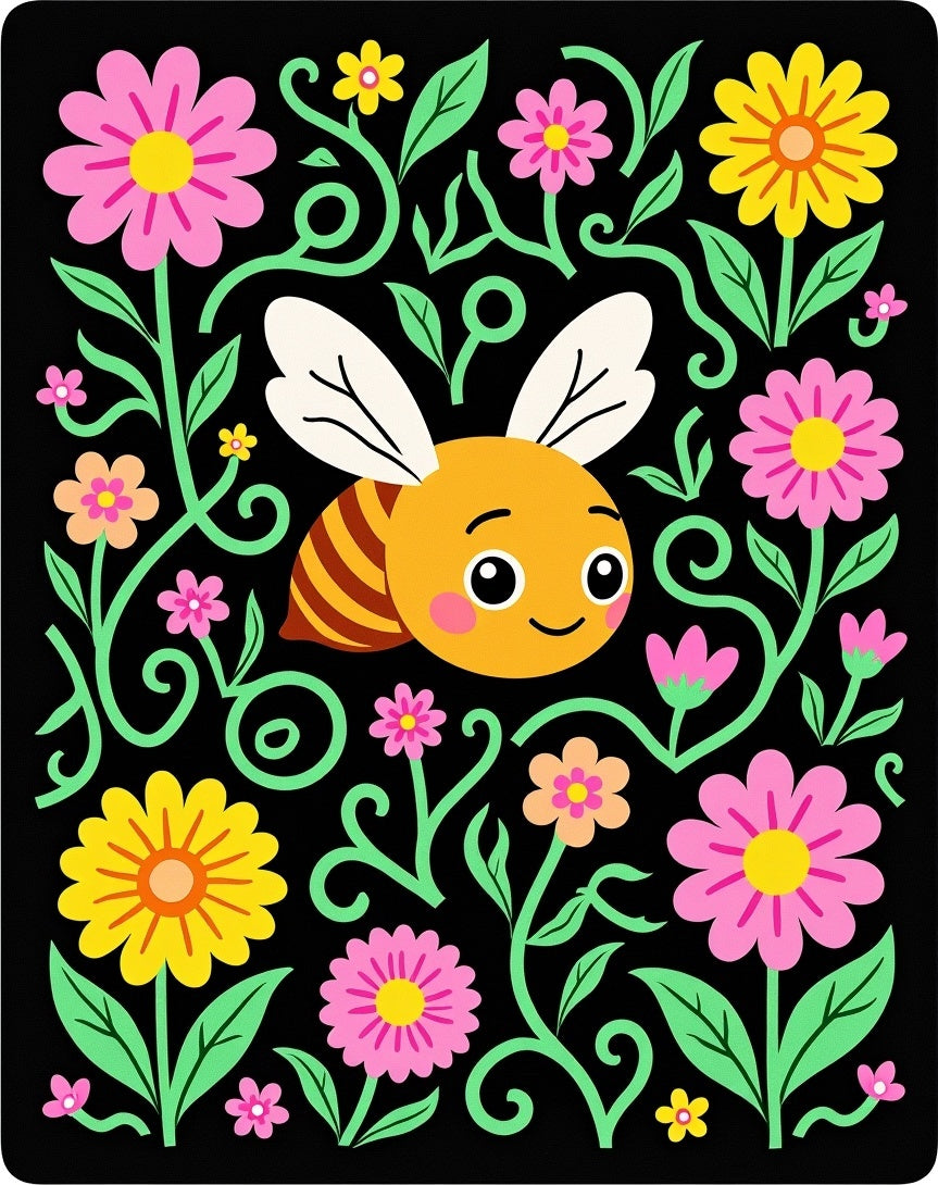 Whimsical Bee and Floral Garland Rug