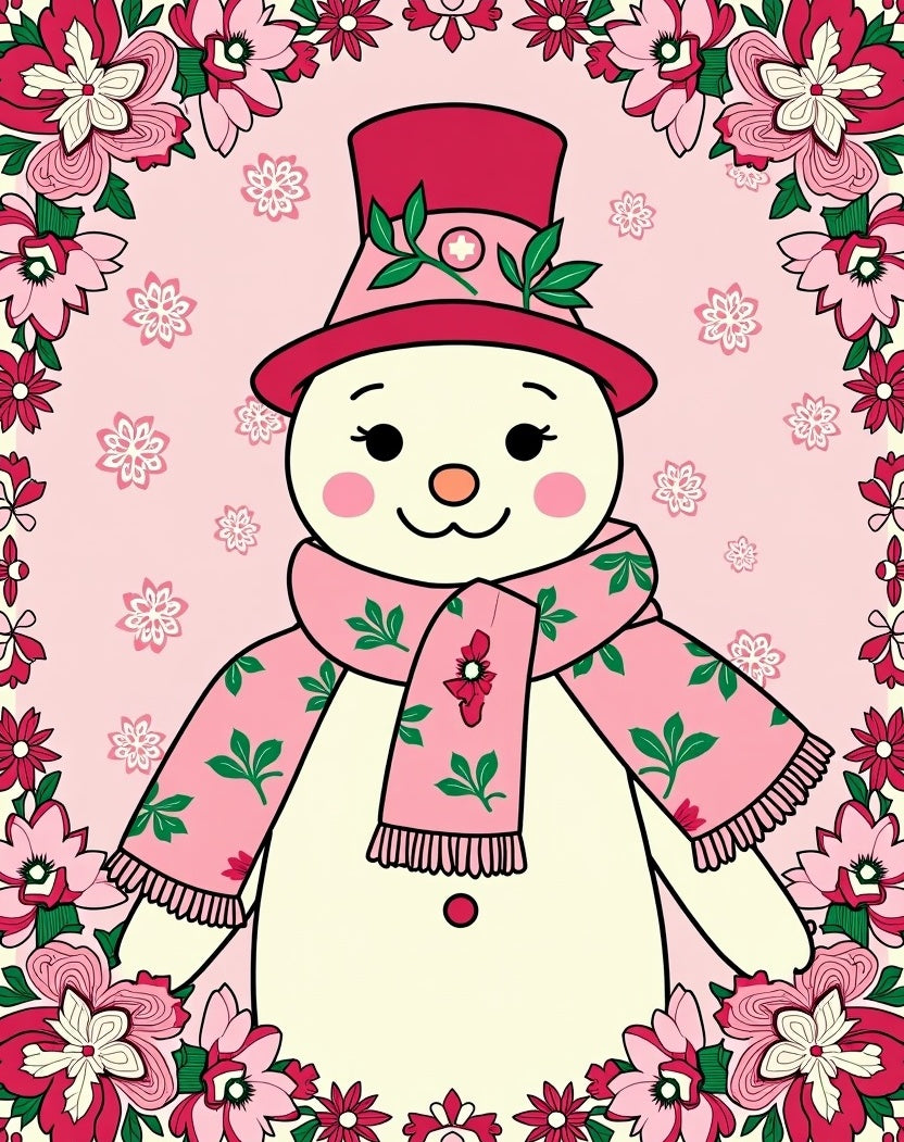 Pink Snowman Floral Border Rug
