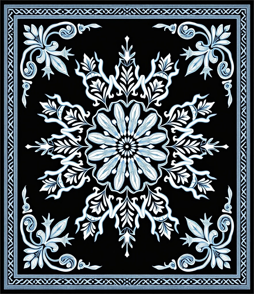 Black Blue Medallion Floral Filigree Rug