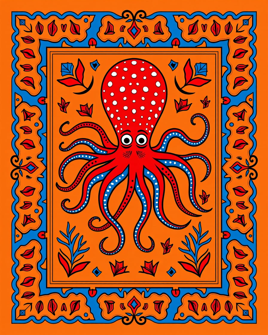 Bright Orange Red Octopus Nautical Rug