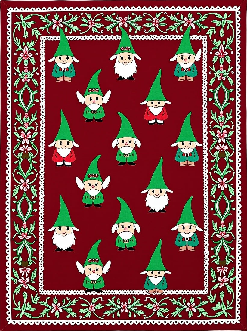 Festive Gnome Border with Red Background Rug
