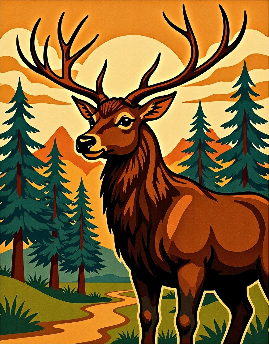 Majestic Elk And Pine Forest Sunset Rug