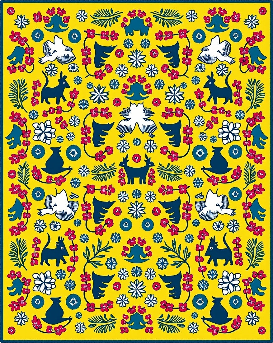 Vibrant Yellow Folk Animal Floral Rug