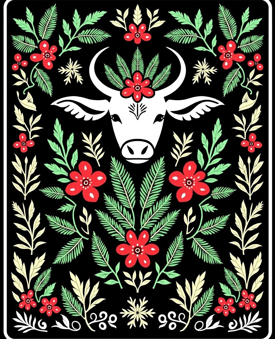 Whimsical Red Floral Cow Portrait Rug