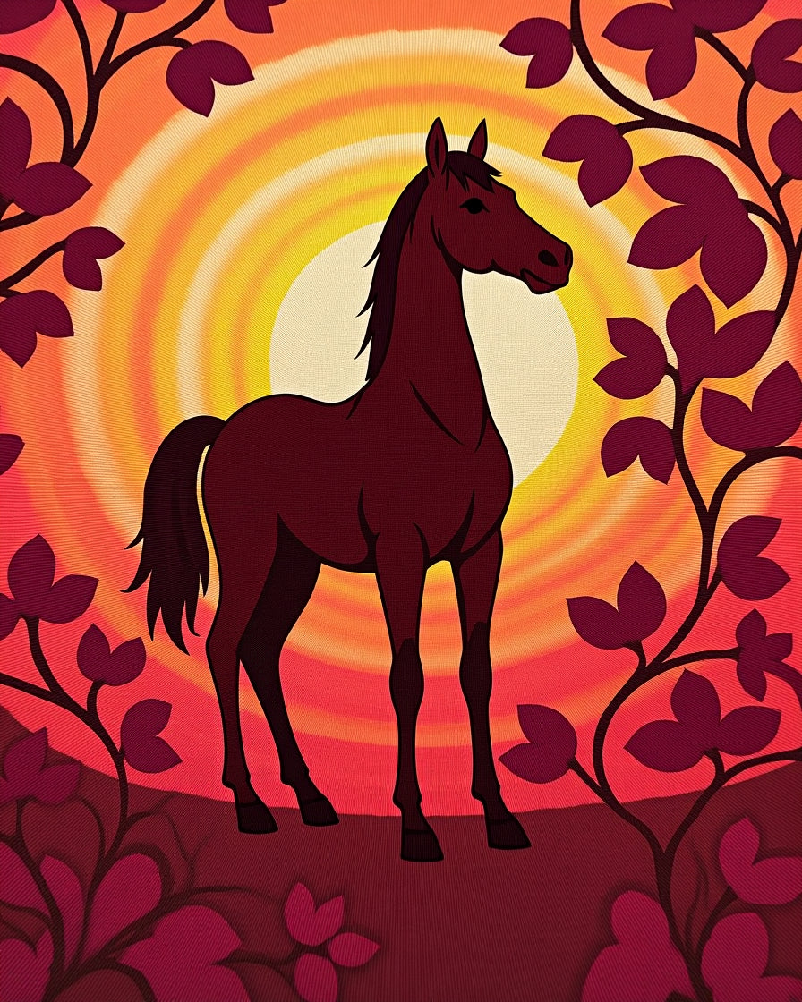 Crimson Horse Amidst Sunlit Foliage Rug