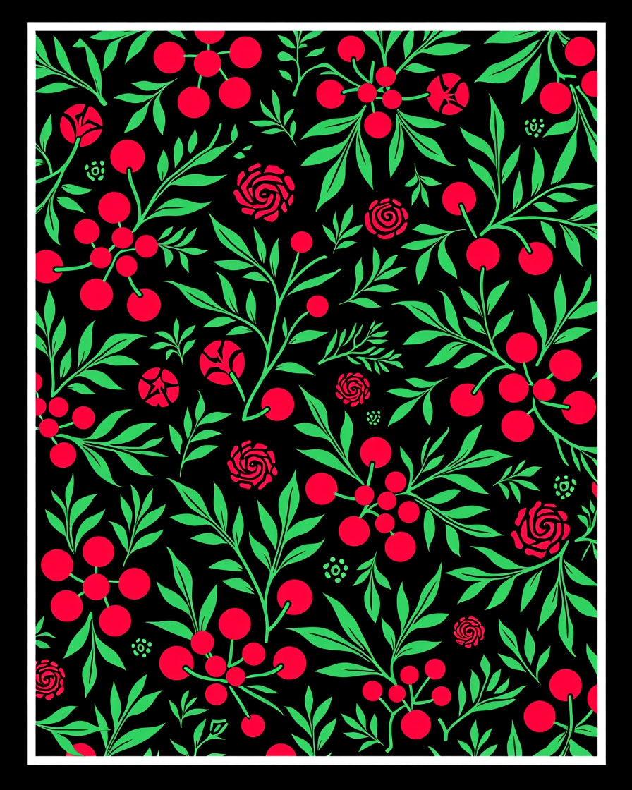 Vibrant Red Cherry Blossom Fern Rug