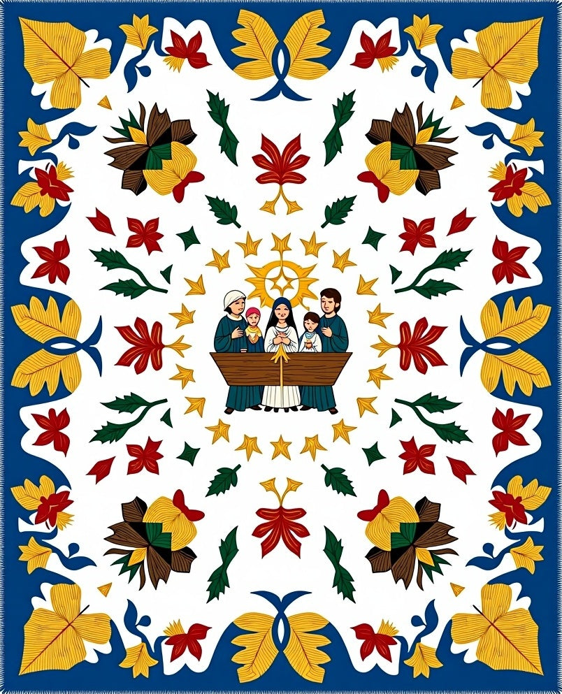 Whimsical Folk Family Nativity Scene Rug
