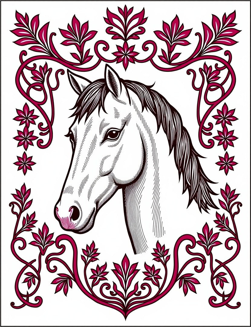 Elegant White Horse Floral Frame Rug