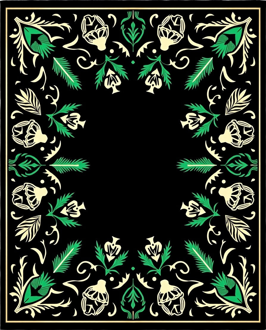 Black Cream Green Floral Frame Rug